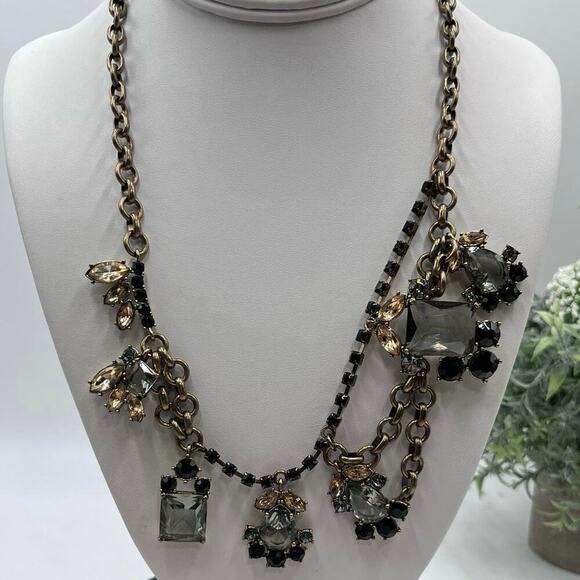 J. Crew Asymmetrical Drape Topaz Black Gray Rhinestone Necklace - Picture 1 of 16